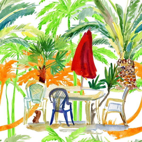 Veranda tablo ve Okyanusu yakınlarındaki şemsiye — Stok fotoğraf
