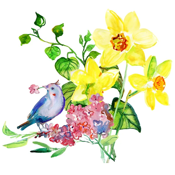 Virág és madár színes illusztráció — Stock Fotó
