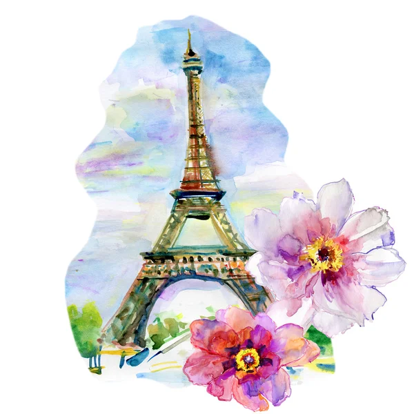 Ręcznie malowane Wieża Eiffla z kwiatami. — Zdjęcie stockowe