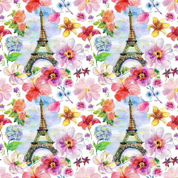 Flores aquarela e Torre Eiffel — Fotografia de Stock