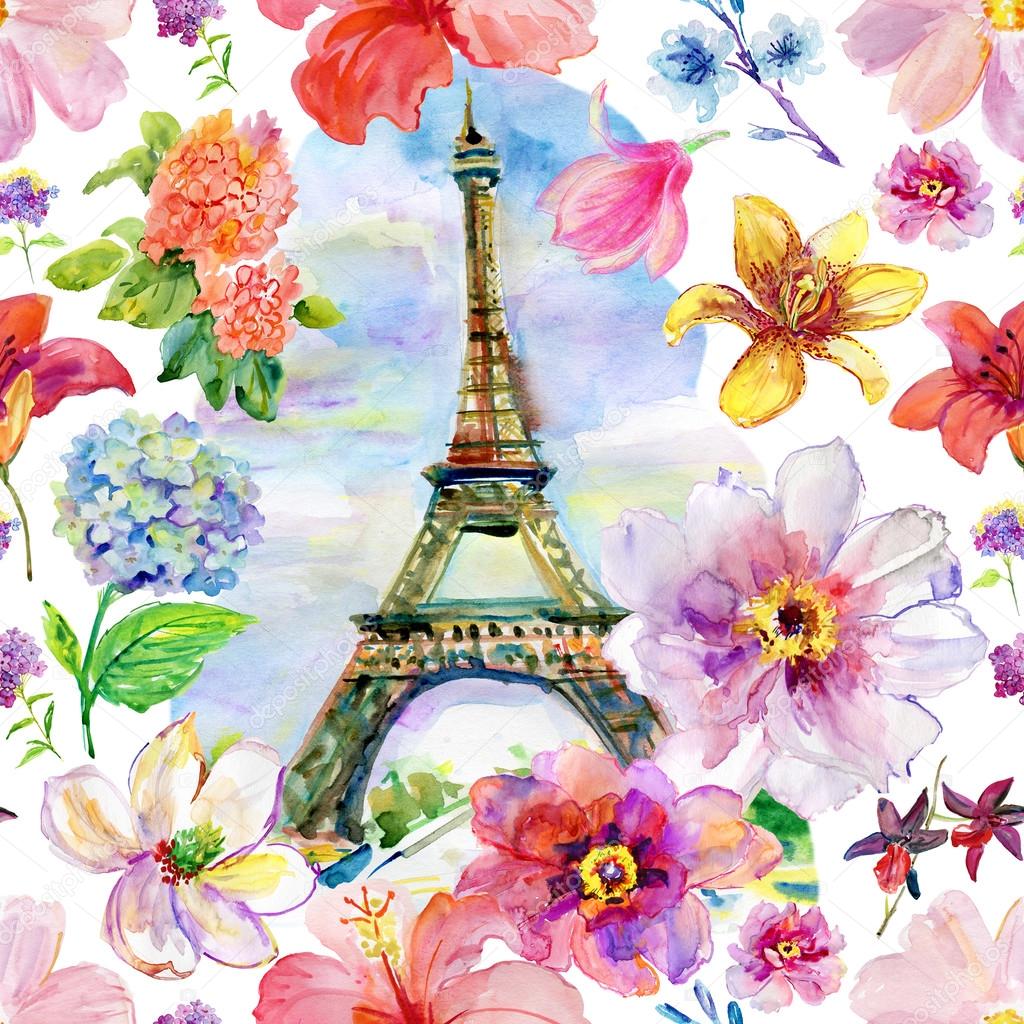 watercolor Paris in blossoming