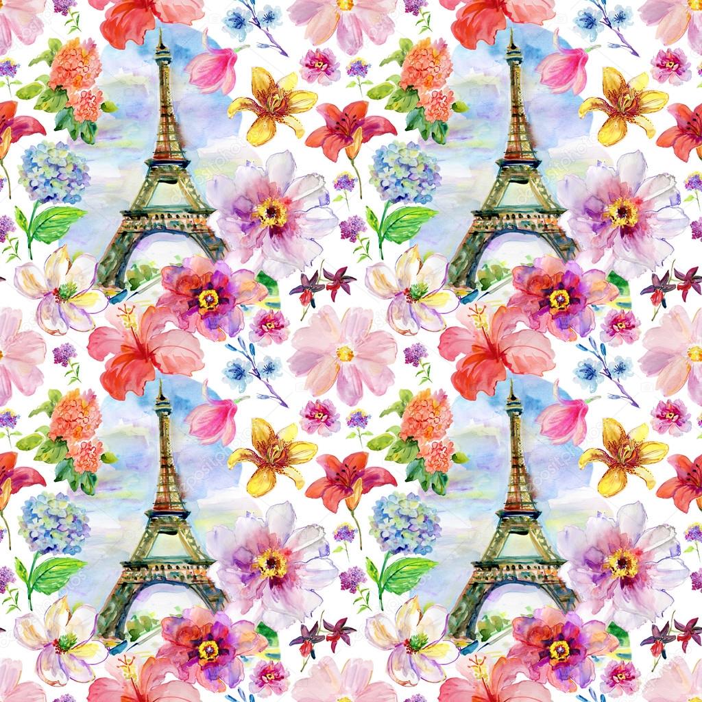 watercolor flowers and Eiffel tower