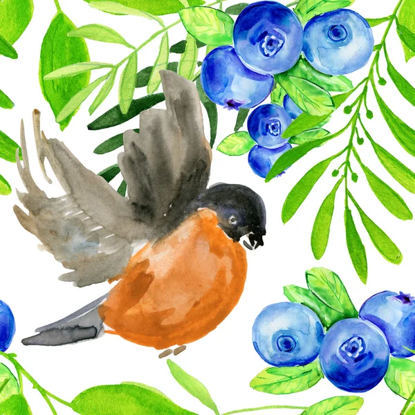 Vogel, Gimpel, Blaubeeren und Blätter — Stockfoto