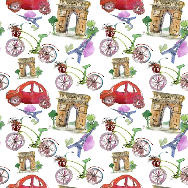 Paris landmarks, cars and bikes