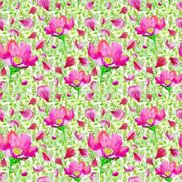 Watercolor Seamless Pattern Beautiful Flowers Leaves — Stock Photo, Image