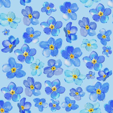 Işık arka planına dağılmış mavi çiçekler