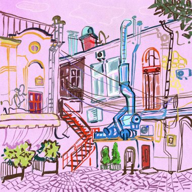 Boruları ve merdivenleri olan renkli binalar.