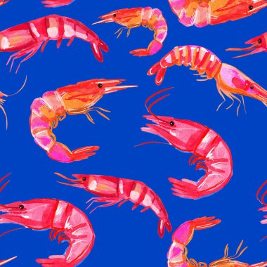 Parlak mavi arka planda canlı pembe karidesler içeren kusursuz el boyası suluboya desenler, neşeli enerji ve yaz havasıyla dolu..