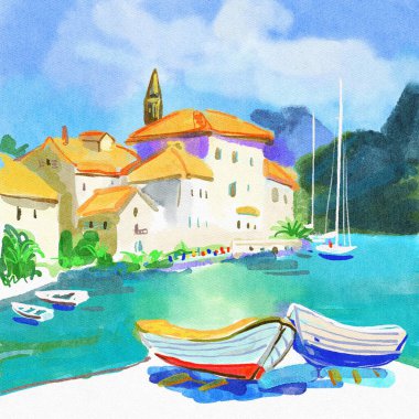 Karadağ 'ın Perast kentinin büyüleyici terracotta çatıları, tekneleri, bereketli palmiye ağaçları ve arka planda görkemli dağları olan sakin bir körfez manzarası.