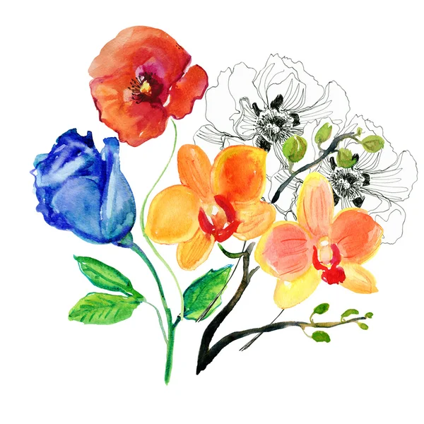 Dessiné Main Fleurs Stylisées Aquarelle Illustration — Photo