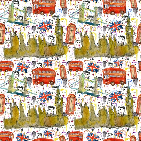 London Landmark Symbols Lettering Seamless Pattern Hand Drawn Watercolor Знаменитые — стоковое фото