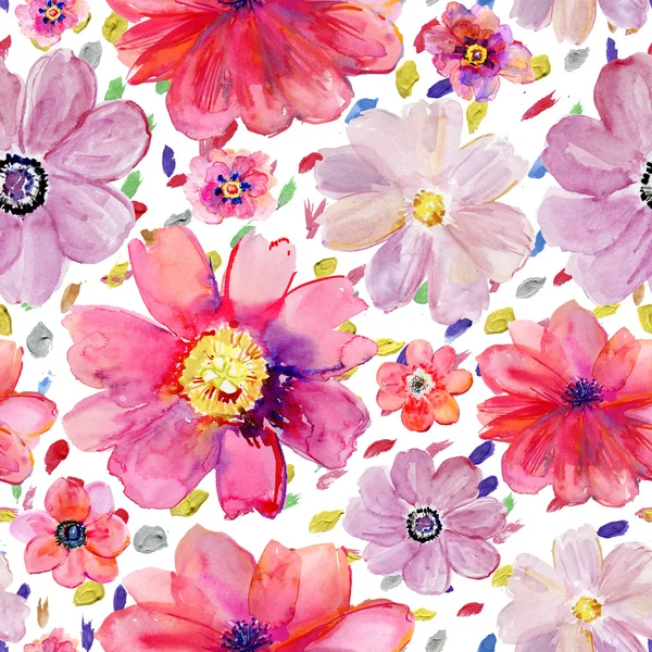 Blooming Pink Flowers Seamless Vintage Floral Pattern Watercolor Retro Design — Stock Photo, Image