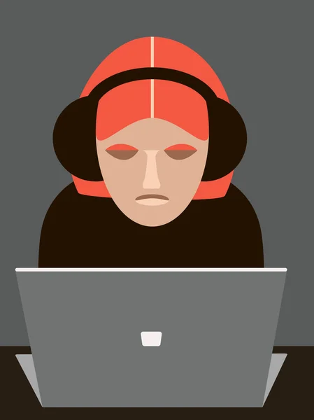 一个戴着黑色耳机 头戴红头发的女孩在笔记本电脑上工作的矢量肖像 — 图库矢量图片