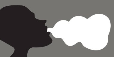 Profildeki bir yüz silueti elektronik bir sigaranın ağzından beyaz buhar salıyor. Silme konsepti sağlıklı bir yaşam tarzı değildir.