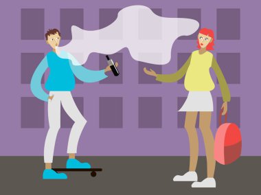 Vektör illüstrasyonunda, kaykaylı bir genç VAPE içiyor ağzından buhar çıkarıyor ve çok katlı bir binanın arka planında sırt çantalı bir kızı denemeyi teklif ediyor.