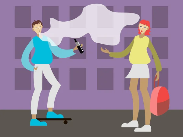 Illustration Vectorielle Adolescent Sur Une Planche Roulettes Fumer Une Vape — Image vectorielle