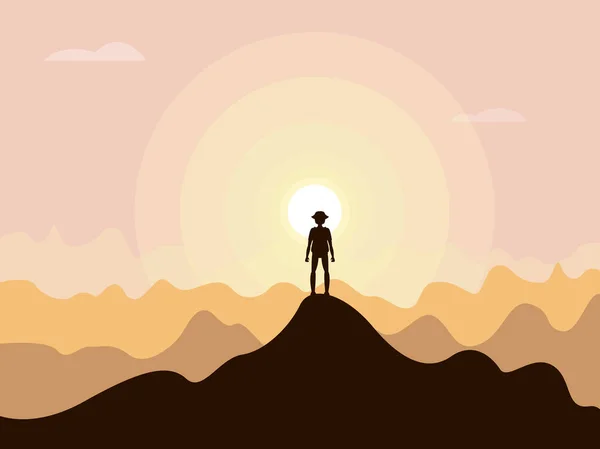 Ilustración Vectorial Viajero Solitario Cima Una Montaña Fondo Hermoso Amanecer — Vector de stock