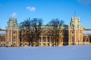 Moskova, Rusya-Aralık, 26, 2020: Tsaritsyno Park rezervinde kar yağışlı bir kış gününde mavi gökyüzüne karşı büyük ve güzel bir saray.