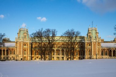 Moskova, Rusya-Aralık, 26, 2020: Tsaritsyno Park rezervinde kar yağışlı bir kış gününde mavi gökyüzüne karşı büyük ve güzel bir saray.