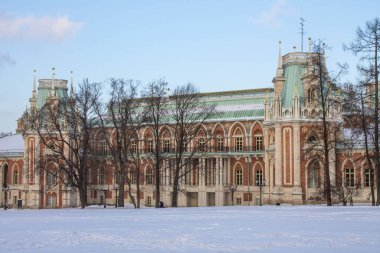 Moskova, Rusya-Aralık, 26, 2020: Tsaritsyno Park rezervinde kar yağışlı bir kış gününde mavi gökyüzüne karşı büyük ve güzel bir saray.