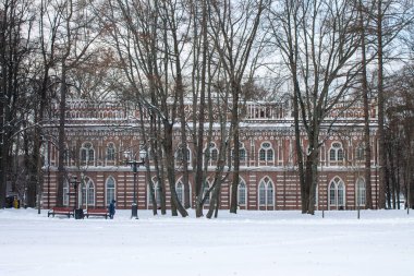 Moskova, Rusya-Aralık, 27, 2020: Tsaritsyno Park 'taki Opera Konser Salonu' nun kışın çıplak ağaçlar arasında görünümü ve beyaz kar arka planında bir fotokopi alanı
