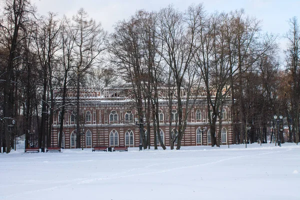 Moskova, Rusya-Aralık, 27, 2020: Tsaritsyno Park 'taki Opera Konser Salonu' nun kışın çıplak ağaçlar arasında görünümü ve beyaz kar arka planında bir fotokopi alanı