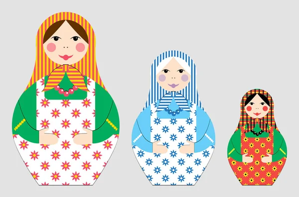 Ensemble Souvenirs Russes Traditionnels Trois Poupées Matryochka Lumineuses Différentes Tailles — Image vectorielle