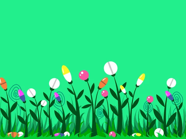Ilustracja Wektorowa Kolorowe Tabletki Rosnące Łodygach Liśćmi Trawie Zielonym Tle — Wektor stockowy