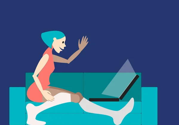 ベクトルイラスト 白い靴下の青いソファに座って ラップトップとコピースペースを介してインターネット上で通信するかわいい女の子 リモートコミュニケーションと仕事の概念 — ストックベクタ
