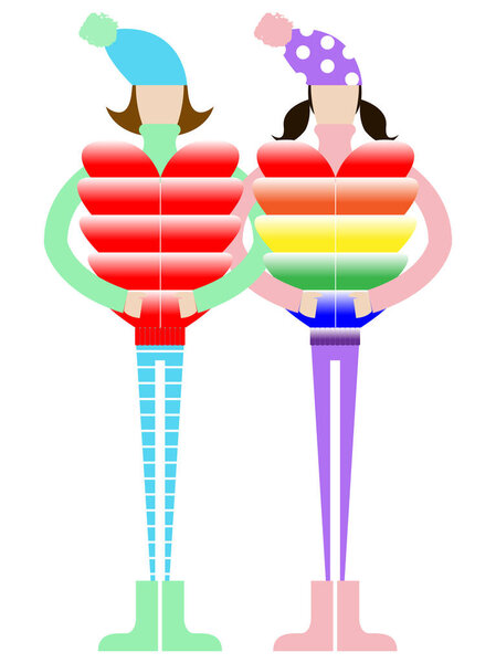 Vector graphics - two cute girls in hats and jackets in the shape of a heart with rainbow symbols of LGBT isolated. The concept of Valentine's day