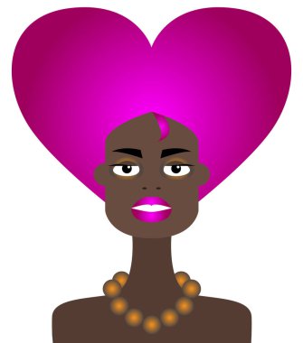 Avangart pembe kalp şeklinde saç stili ve parlak makyajlı koyu tenli şirin bir top modelin vektör grafik portresi. Sevgililer Günü konsepti