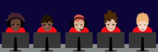 Gráficos Vectoriales Equipo Cinco Personas Vestidas Rojo Con Auriculares Sentados — Vector de stock