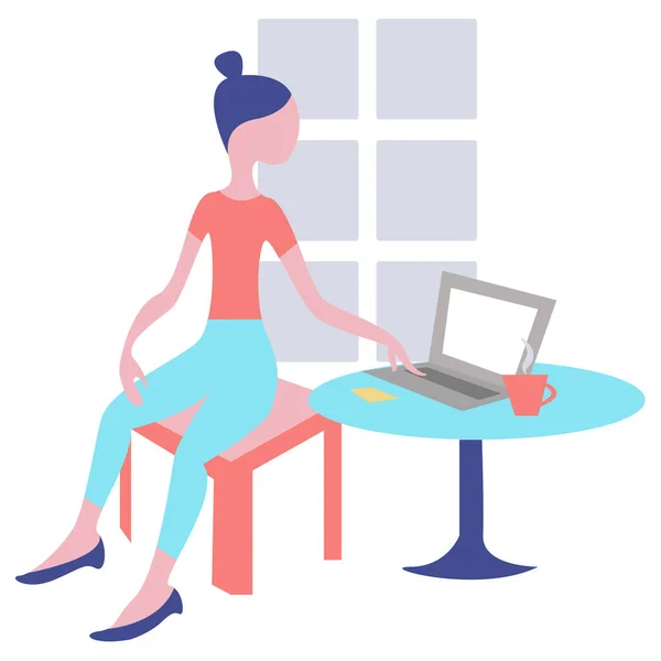 矢量图形 一个女孩坐在咖啡桌上的椅子上 靠着靠窗的笔记本电脑工作 网上工作或购物的概念 — 图库矢量图片