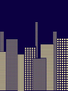 Karanlık gece gökyüzüne karşı pencerelerinde ışık olan modern gökdelenlerin grafik-siluetleri ve büyük bir şehirde kopyalamak için bir alan