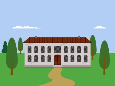 Vektör grafikleri - yeşil ağaçlar, çimenler ve mavi gökyüzü ve bir kopya alanı ile çevrili iki katlı özel bir kulübe.