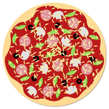 Sosis, siyah zeytin, mantar, rendelenmiş peynir ve domates soslu taze ot dilimli güzel pizza.