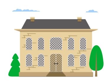 Vektör grafikler, kemerli pencereli eski taş bir malikane ve güzel bir kafesi olan bir kapı ve izole edilmiş bulutlu ağaçlar. Özellik kavramı