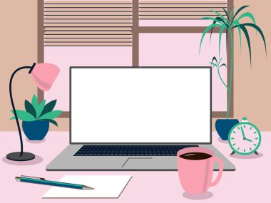 Vektör grafikleri - beyaz ekran ve kopya alanı olan bir dizüstü bilgisayar, bir masa lambası, bir saat, ve masa üzerinde bir kalem ile pencere arkası ve kapalı alan bitkileri. Konsept - merkez ofis