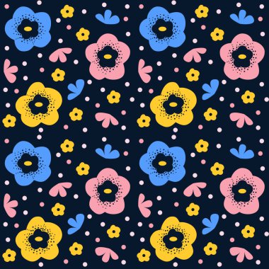 Vektör grafikleri-güzel, pürüzsüz çiçek deseni - yaban mersini renkli arka plan renklerinde pembe, mavi ve sarı çiçekler 2021. Kavram-duvar kağıdı, dekor ve yaz