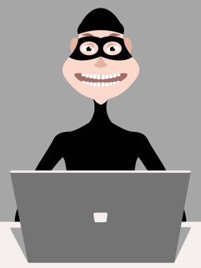 Vektör grafikleri: Siyah şapkalı ve maskeli bir erkek hacker izole edilmiş bir dizüstü bilgisayarın başında acımasızca oturuyor. Hackleme ve internet dolandırıcılığı. Kişisel veri koruması