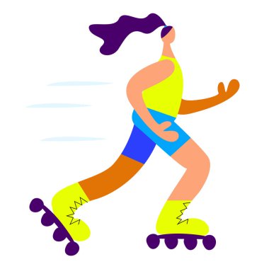 Vektör grafikleri. Parçalanmış vücut oranlarına sahip bir kız paten kayıyor. Kavramsal-aktif yaşam biçimi
