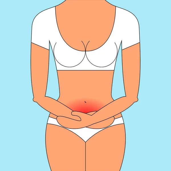 矢量图形 一个漂亮的年轻女子 穿着白色内裤 有着隐藏的脸 手放在酸痛的红肿的胃上 妇女健康 — 图库矢量图片