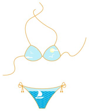 Vector grafiksel modayla ayrılmış bikini mayosu, deniz manzarası ve beyaz yelkenli izole edilmiş. Konsept - Tatil köyünde yaz tatili