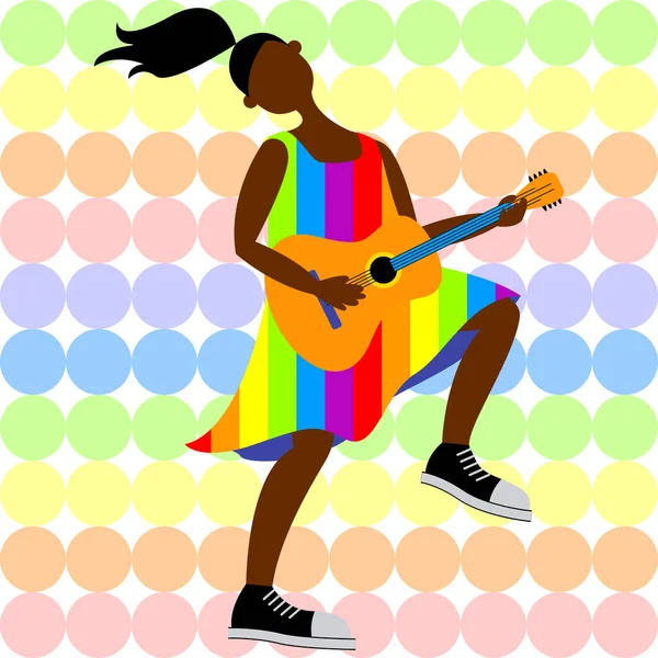 Vector Graphics Cute Young Woman Rainbow Dress Having Fun Playing — Stock Vector