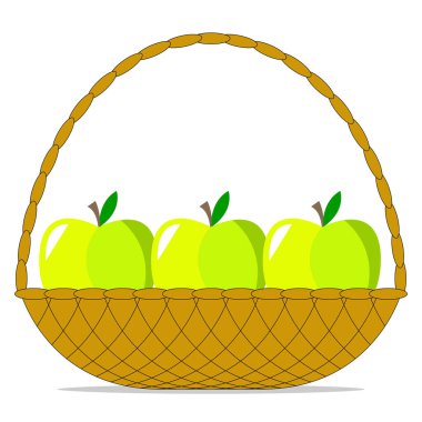 Vector graphics-three ripe green apples lie in a wicker basket close-up isolated. Concept-seasonal harvest