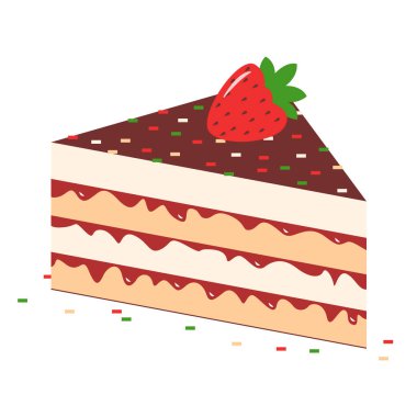 Vektör grafikleri - büyük bir parça pasta bir kat sufle ve reçel üzerine çikolata kreması ve taze çilek, beyaz arka planda izole edilmiş yakın plan.