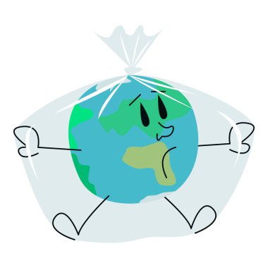 Vektör grafikleri - üzgün, korkmuş bir küre, beyaz bir arka planda izole edilmiş plastik şeffaf bir torbaya kilitlenmiş. Kavram-ekolojik felaket ve çevre kirliliği