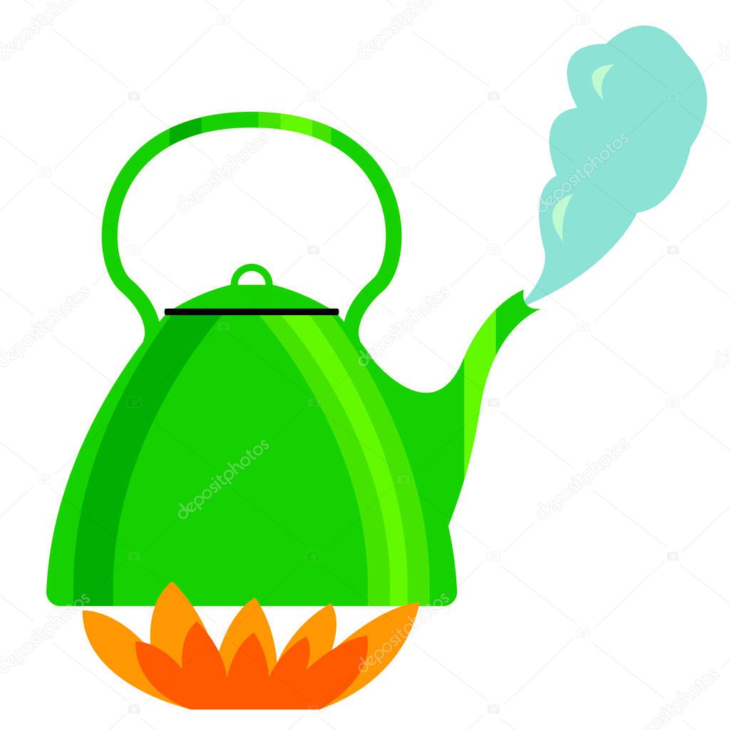 Vector graphics - a green metal kettle is boiling on a gas stove close-up and steam from the spout is isolated