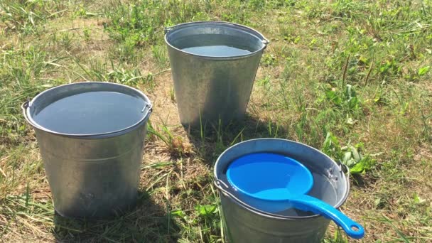 Tres Cubos Metal Con Agua Limpia Pie Sobre Hierba Verde — Vídeo de stock