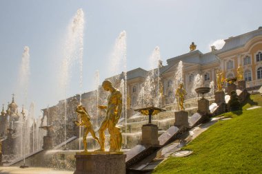 Peterhof Parkı, lüks Petrodvoretler, altın çeşmeler ve çiçeklerle dolu, güneşli bir yaz gününde St. Petersburg Rusya 'da.
